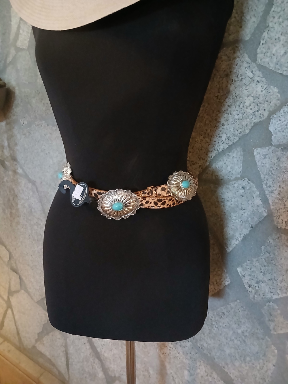 Leopard Print Western Concho Belt with Turquoise Accents Adjustable Conchos